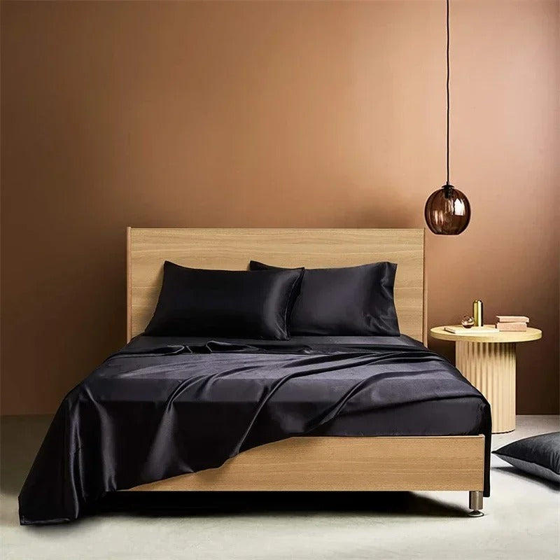 Four-piece Set Of Silk Bedding Sheets And Fitted Sheets