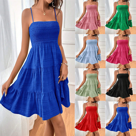 Summer Square-collar Suspender Pleated Dress Fashion Solid Color Beach Dresses For Women's Clothing