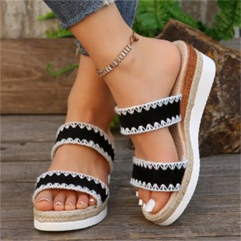 Hemp Rope Woven Wedge Slippers Summer Ethnic Style Sandals Double Wide Strappy Shoes For Women