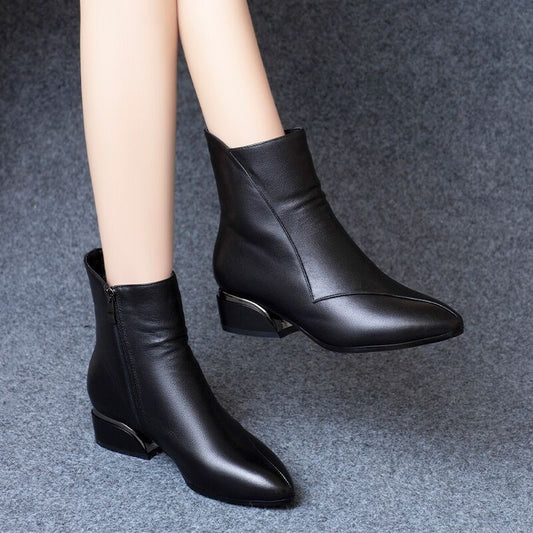 Pointed-toe Short Tube Chunky Heel Martin Boots