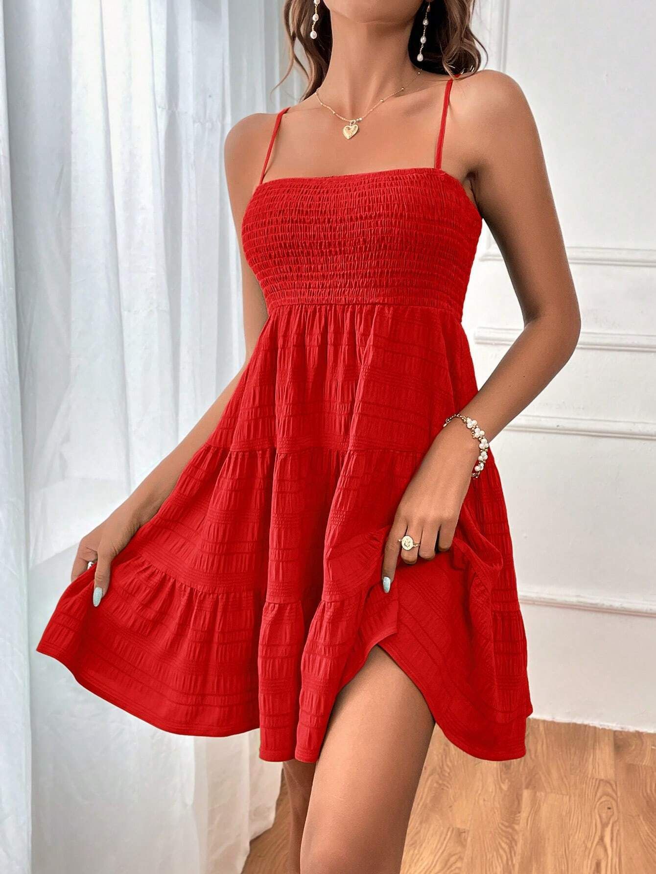 Summer Square-collar Suspender Pleated Dress Fashion Solid Color Beach Dresses For Women's Clothing