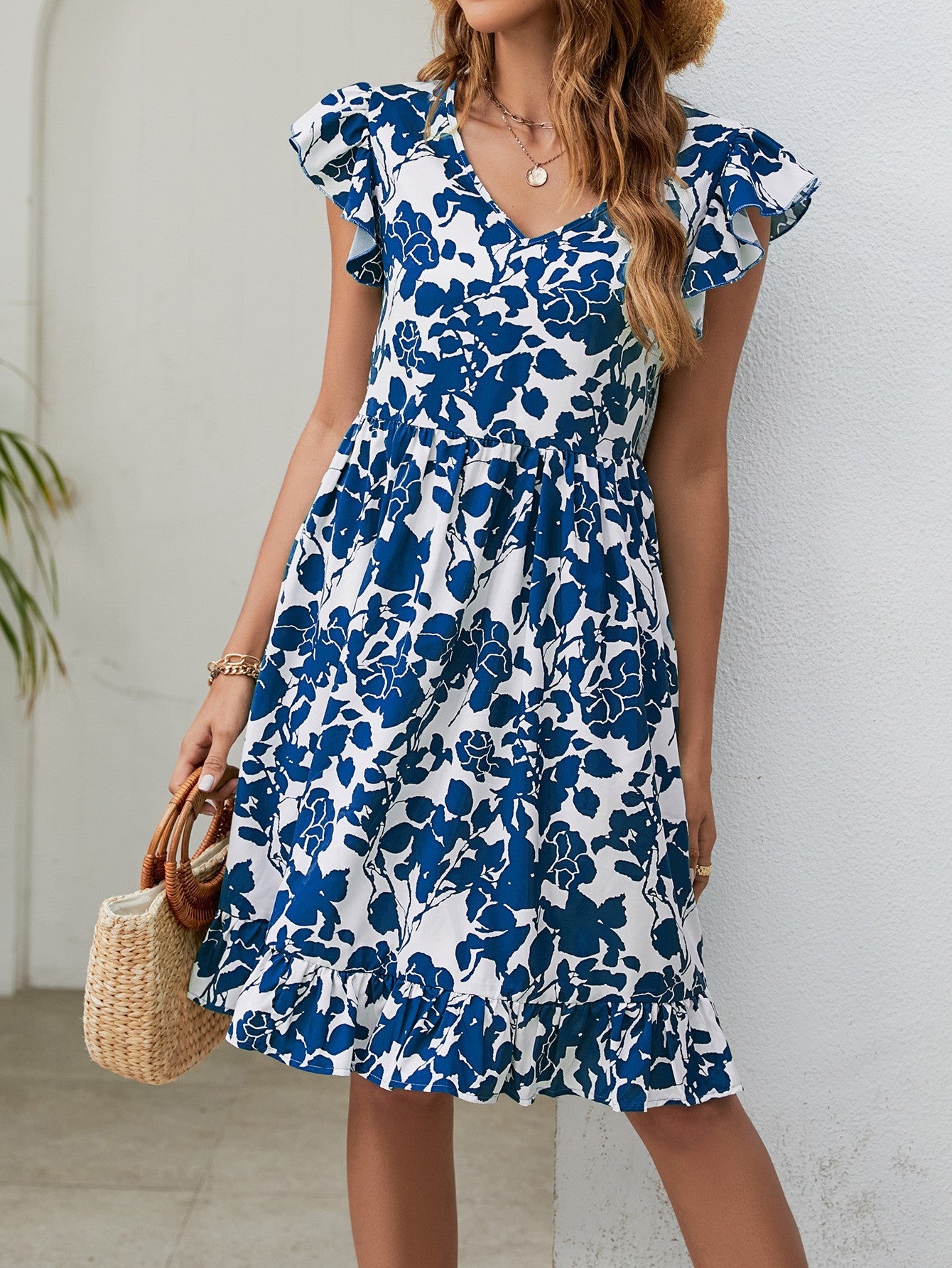 Leaf Print Dress Summer V-neck Ruffled Sleeveless A-Line Dresses Fashion Casual Holiday Beach Dress For Women's Clothing