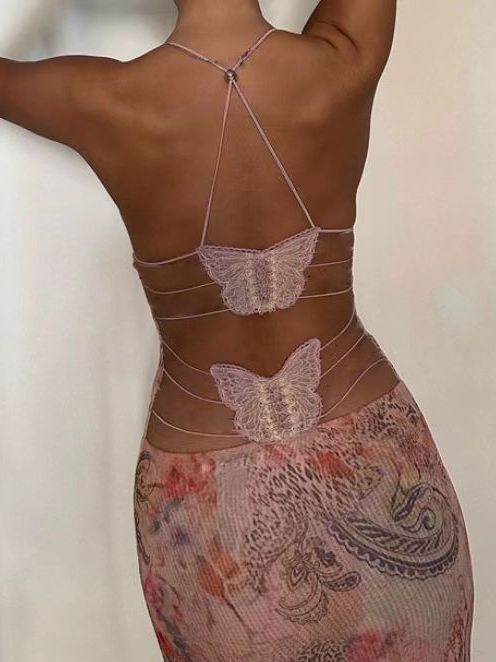 Floral Print Halter Spaghetti Straps Dress Sexy Slim Butterfly Back Dresses Spring Summer Women's Clothing