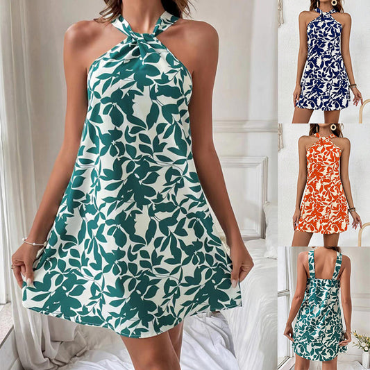 Fashion Leaf Print Halterneck Dress Summer Sexy Backless Short Dresses For Beach Vacation Women's Clothing