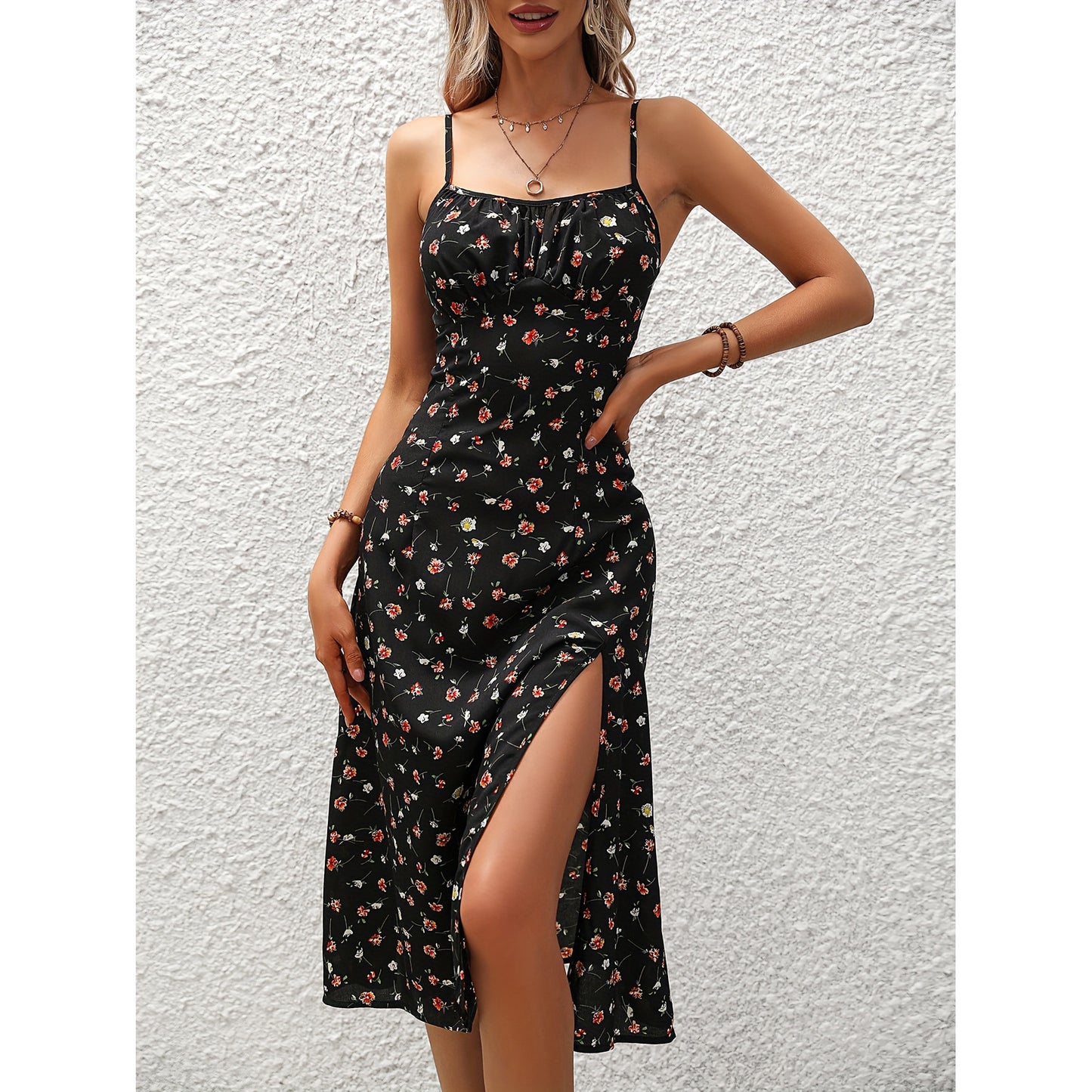 Polka Dot Print Suspender Dress Summer Sexy Slit Long Dresses For Women's Clothing