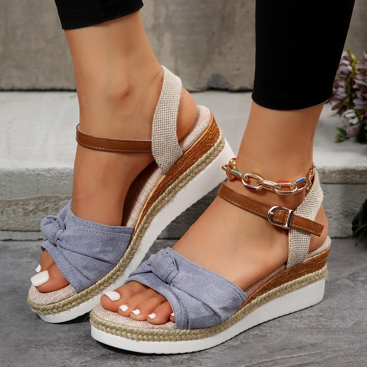 Thick-soled Bow Sandals Summer Fashion Casual Linen Buckle Wedges Shoes For Women