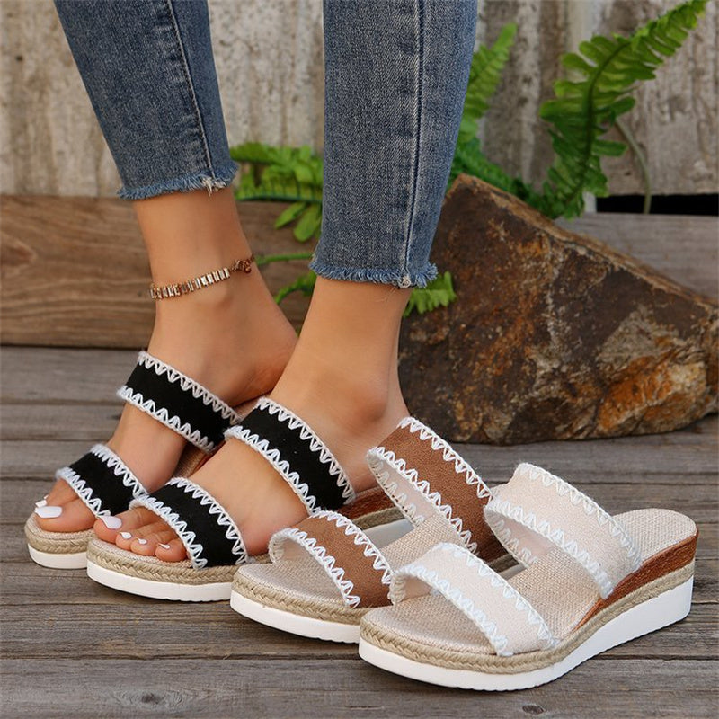 Hemp Rope Woven Wedge Slippers Summer Ethnic Style Sandals Double Wide Strappy Shoes For Women