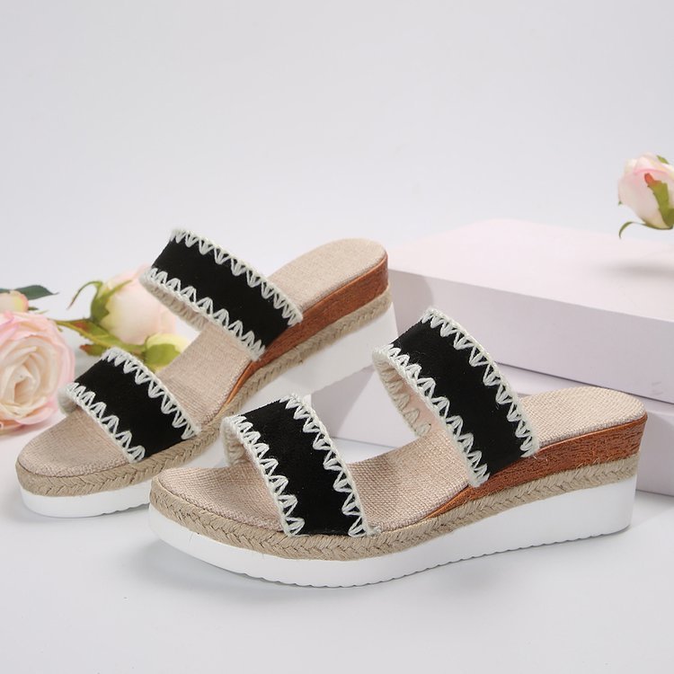 Hemp Rope Woven Wedge Slippers Summer Ethnic Style Sandals Double Wide Strappy Shoes For Women