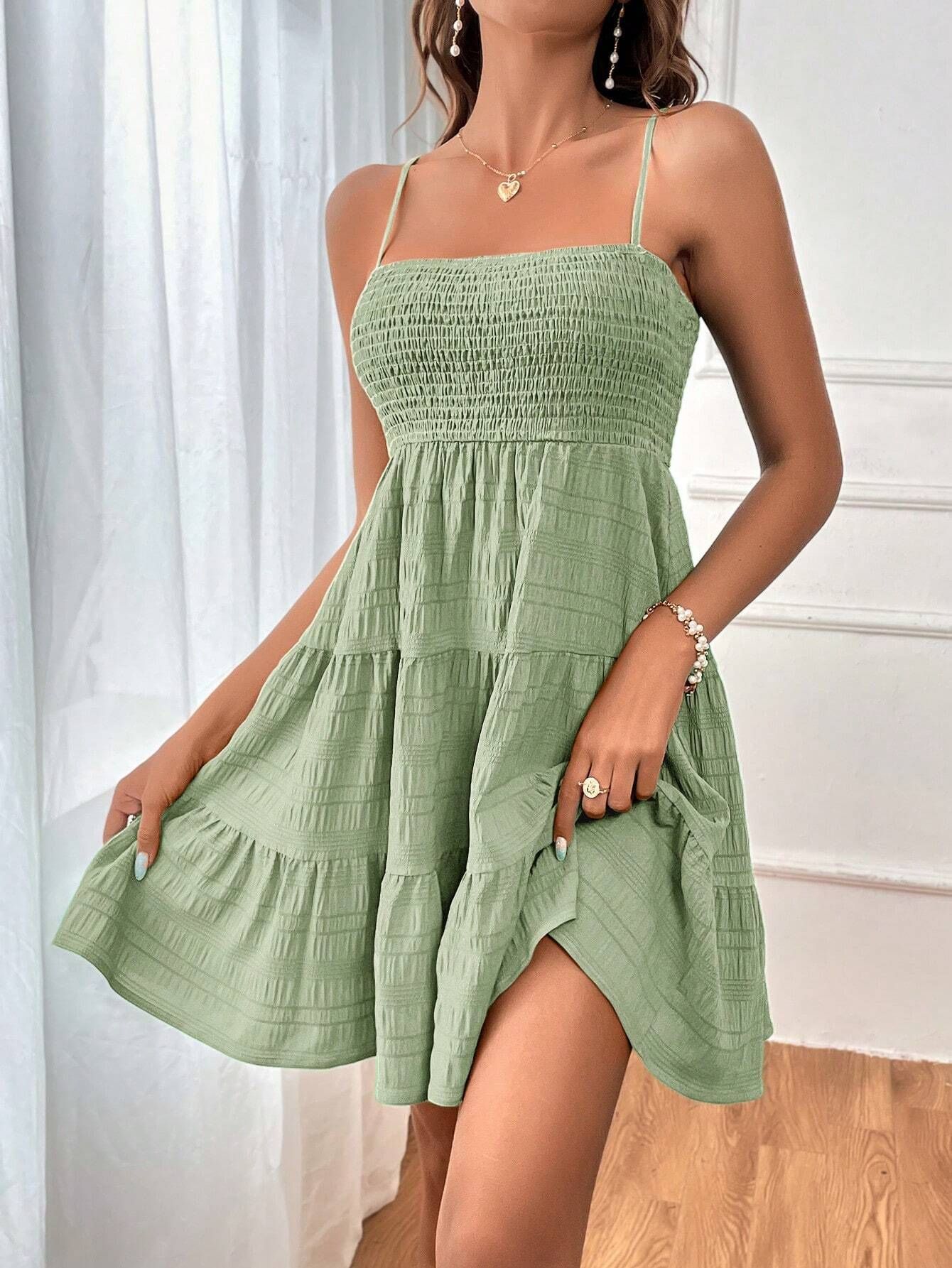 Summer Square-collar Suspender Pleated Dress Fashion Solid Color Beach Dresses For Women's Clothing