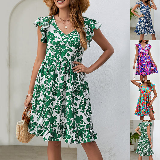 Leaf Print Dress Summer V-neck Ruffled Sleeveless A-Line Dresses Fashion Casual Holiday Beach Dress For Women's Clothing