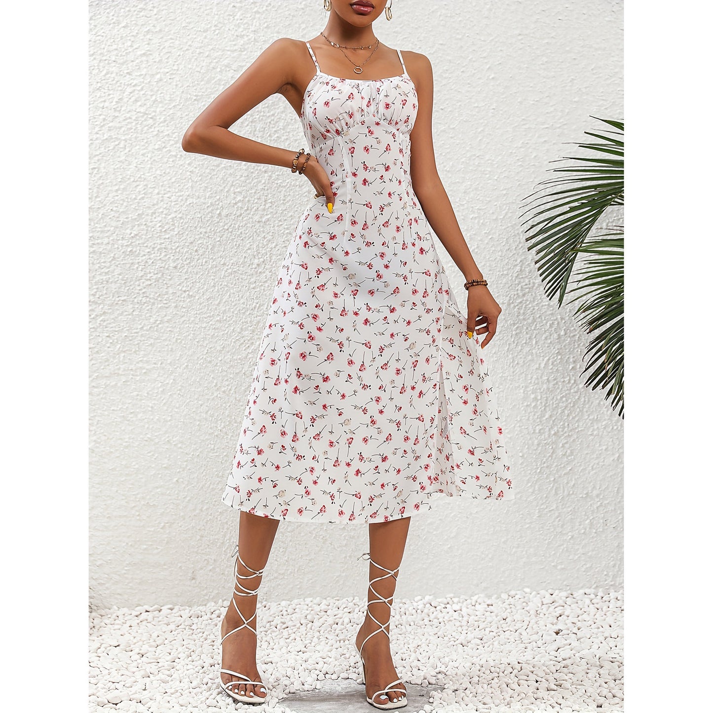 Polka Dot Print Suspender Dress Summer Sexy Slit Long Dresses For Women's Clothing