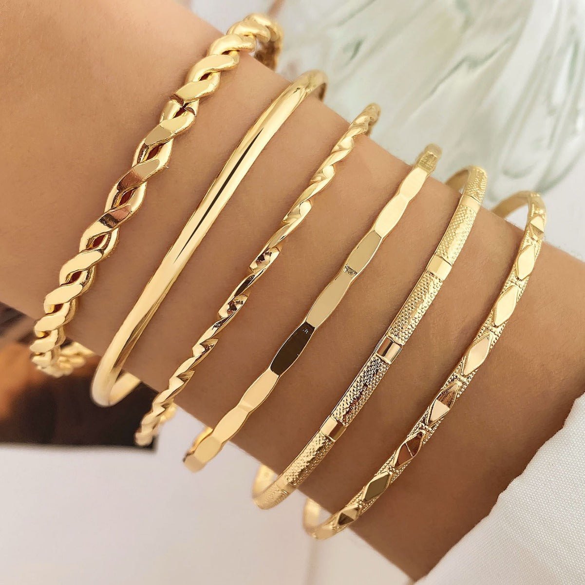 Bohemian Metal Chain Bracelet Set For Women Geometric Gold Color Thick Link Chain Open Bangle Female Fashion Jewelry