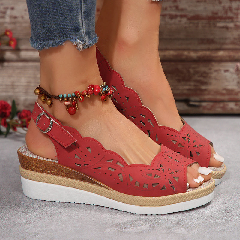 Fish-mouth Wedge Sandals Summer Thick-soled Hollow Buckle Roman Shoes For Women