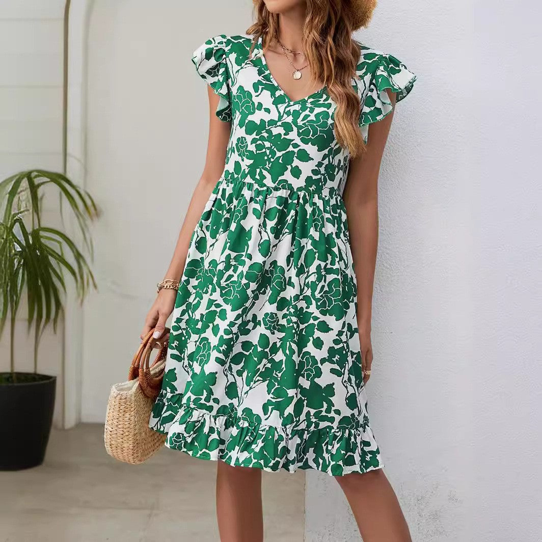 Leaf Print Dress Summer V-neck Ruffled Sleeveless A-Line Dresses Fashion Casual Holiday Beach Dress For Women's Clothing