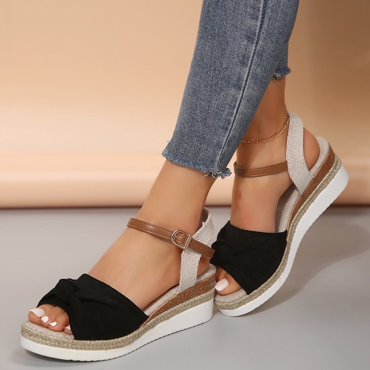 Thick-soled Bow Sandals Summer Fashion Casual Linen Buckle Wedges Shoes For Women