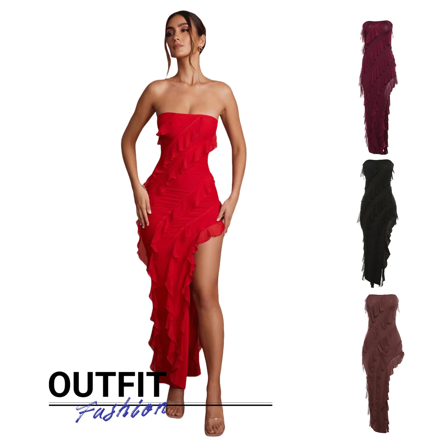 Summer Trend Skinny Women's Fashion Tube Top Backless Split Tassel Dress Birthday Party Clubwear