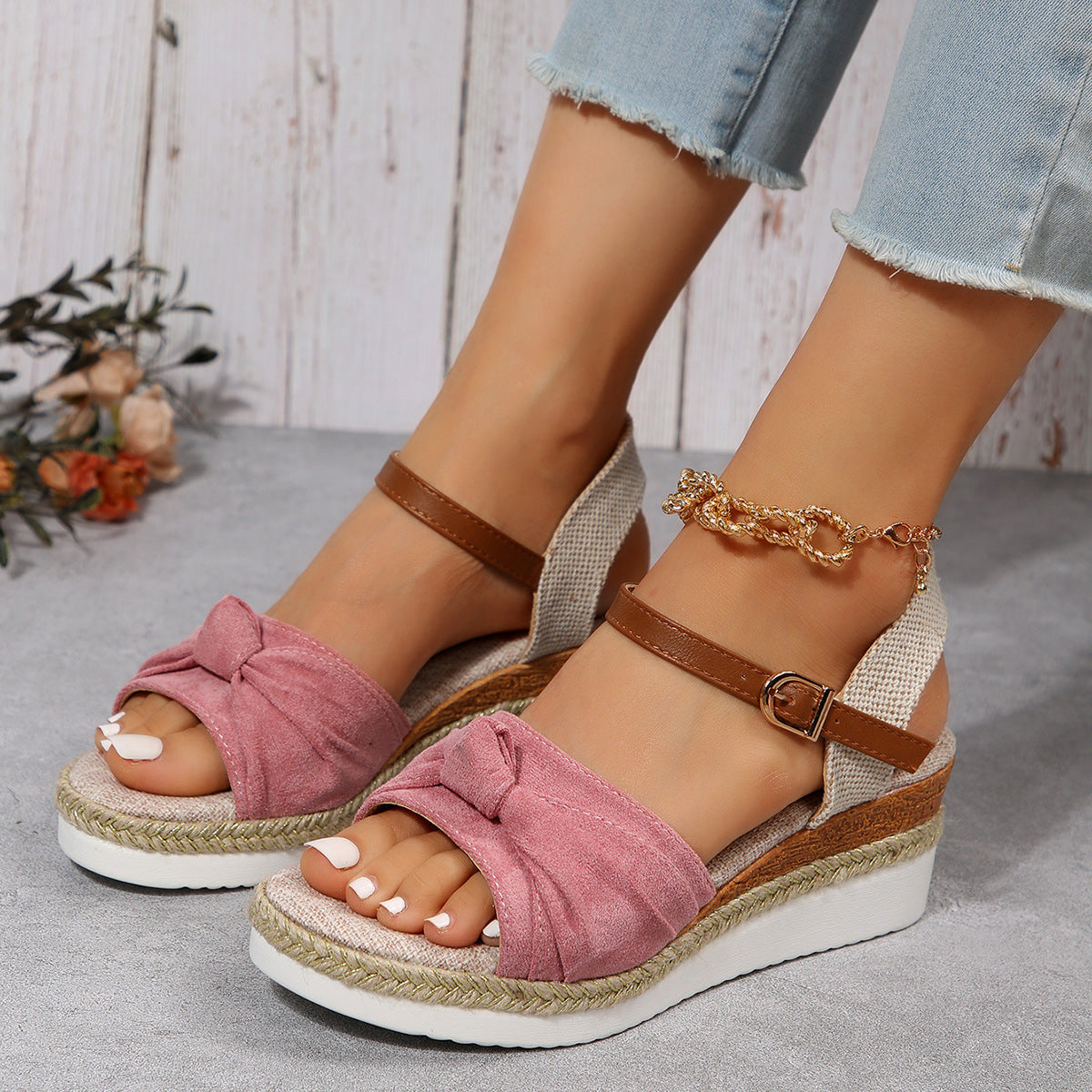 Thick-soled Bow Sandals Summer Fashion Casual Linen Buckle Wedges Shoes For Women