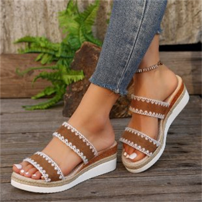 Hemp Rope Woven Wedge Slippers Summer Ethnic Style Sandals Double Wide Strappy Shoes For Women